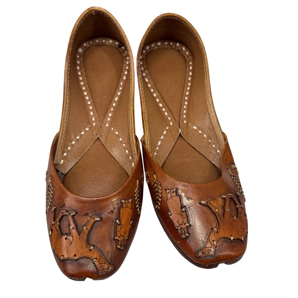 Jutti Flats Womens 37 Brown Leather Camel Motif Embroidered Ethnic Earthy